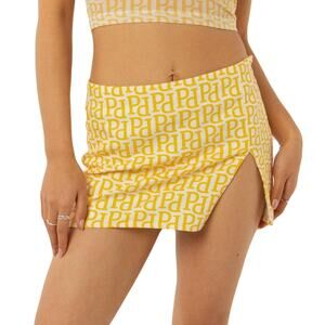 NWOT PEPPERMAYO Skirt US 8 Yellow White Logo-Print Slit Mini Stretch Cotton